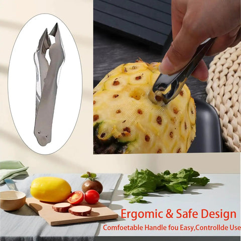 Stainless Steel Pineapple Eye Peeler and V Shape Cutter With Clip for Easy Eye Removal in use on a pineapple