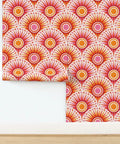 Bold Pink Geometric Sun Wallpaper With Matte Linen Texture Paste To Paper Accent Wall Roll Hella Durable Home Decor design close-up.