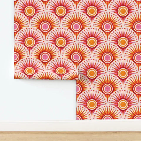 Bold Pink Geometric Sun Wallpaper With Matte Linen Texture Paste To Paper Accent Wall Roll Hella Durable Home Decor design close-up.