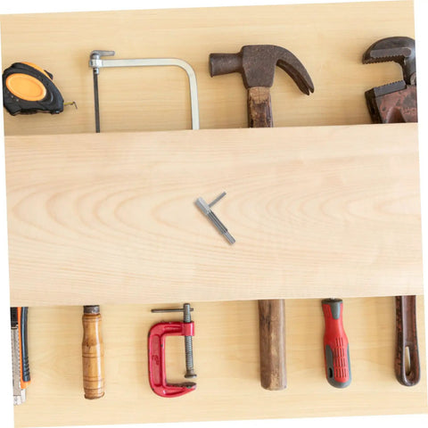 Top Shelf Stainless Steel Retractable Spring Indexing Pin For Cabinets on a workbench with various tools.