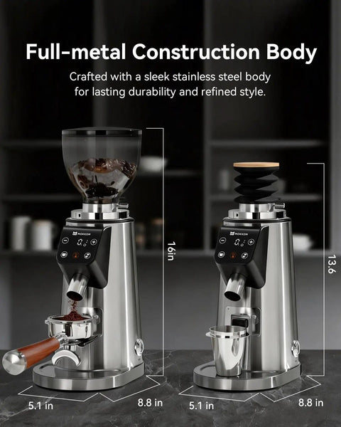 Premium 64Mm Titanium Flat Burr Coffee Grinder With 100 Precision Settings Solid Stainless Steel Body adjustable digital timer.