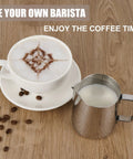 Milk Frothing Pitcher Set 12 Oz 20 Oz 32 Oz Stainless Steel Espresso Steaming Pitchers with latte art and coffee cup on table