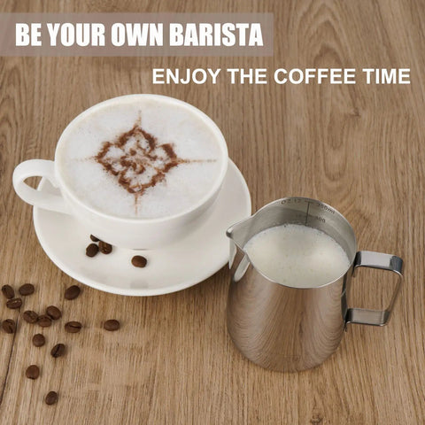 Milk Frothing Pitcher Set 12 Oz 20 Oz 32 Oz Stainless Steel Espresso Steaming Pitchers with latte art and coffee cup on table