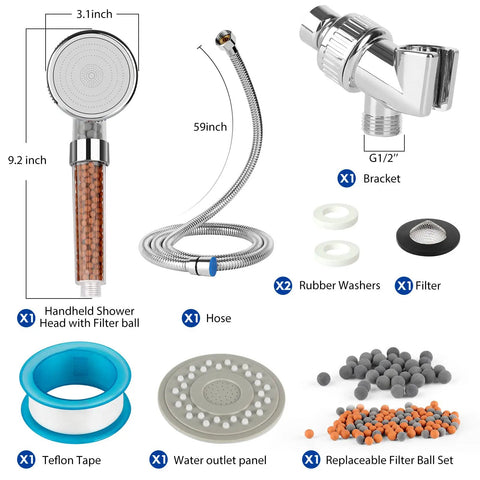 Components of Silver High Pressure Shower Head With Filters, Purifying Handheld Detachable Showerhead, Powerful Water Saving Hose Included