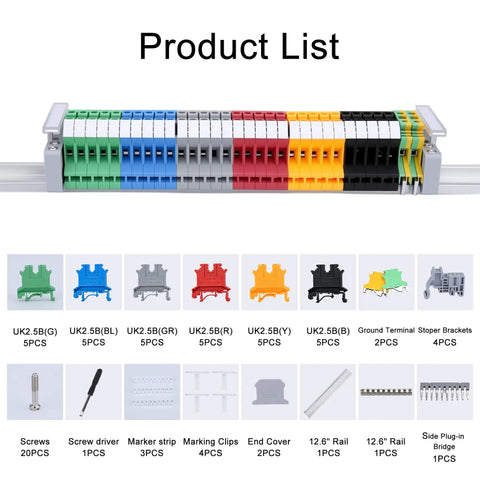 Thirty Piece Terminal Blocks Kit For DIY And Industrial Projects, 32A 690V Screw Terminal Blocks, rail and components on display