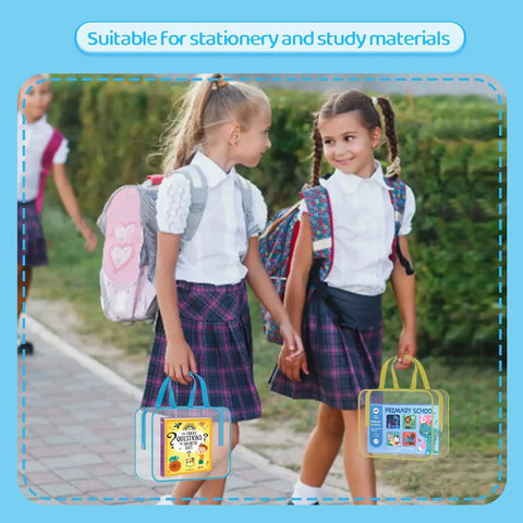 Two schoolgirls walking with backpacks holding clear PVC bags for stationery, suitable for carrying study materials.
