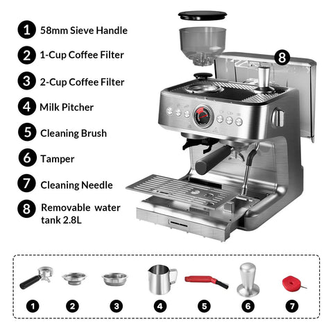Next-Level Semi Automatic Espresso Machine With Dual Boiler And Built-In Grinder Crushing 20 Bar Pressure with accessories.