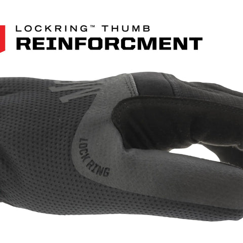 Close-up of FastFit Work Gloves With Anti Slip Grip For Heavy Duty Jobs Touchscreen Compatible Vibration Damping Abrasion Resistant Precision Fit Dexterity Multipurpose Use Extra Large Black showing thumb lockring reinforcement.