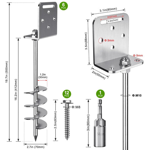 Diagram of 6 Pack 18 Inch Screw In Ground Anchors For Trampolines And Outdoor Play Equipment with measurements and L bracket
