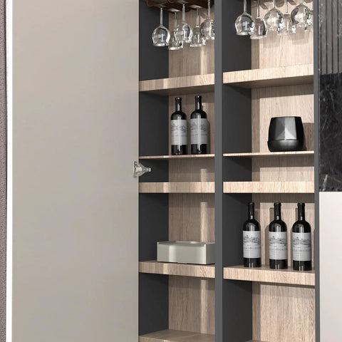 Soft Close Concealed Cabinet Hinges 1/8 1/4 5/16 Overlay For Face Frame And Frameless Doors 3D Adjustable Clip Plate Self Closing Satin Nickel Finish 20 Pack in kitchen cabinet with wine bottles.