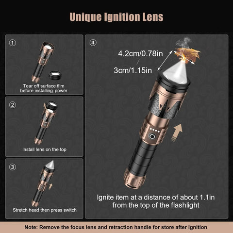 Diagram of Rechargeable Tactical Flashlight With Ignition Lens showing parts assembly and ignition feature in action