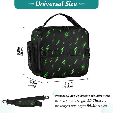 Green Lightning Bolts Insulated Lunch Bag For Kids, Women, And Men, Portable Cooler Tote With Shoulder Straps, 11.2in x 9.8in x 3.5in