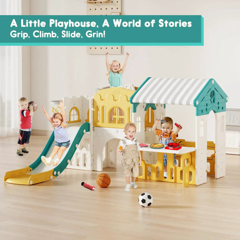 Children playing on Outdoor Toddler Playset With Rock Climber And Slide, Basketball Hoop, Storage, Castle Playhouse, And 10 In 1 Upgrade.