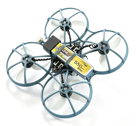 4 Pack BT2.0 550mAh 1S LiPo Battery 3.8V 95C FPV Power for Tiny Whoop Drones attached to blue quadcopter frame