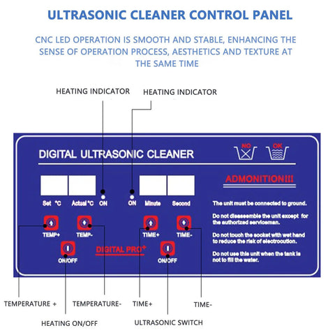Control panel of Heavy Duty 15 Liter Industrial Ultrasonic Tank For Parts Cleaning 304 Stainless Steel with digital settings.
