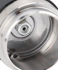 Close-up of stainless steel Hard Working Trailer Wheel Bearing Protector Caps 1.781 inch hubs with grease level monitoring window.