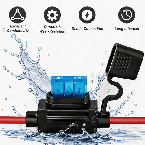 Close-up of Heavy Duty 12V Waterproof Inline Fuse Holder Kit For Auto Truck Marine RV And Boat Rigs Featuring 35 Assorted Car Fuses Road Ready Plug N Play Hot Wire Protection.
