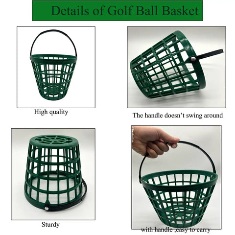 Close-up views of a Golf Ball Basket With Handle Green Ball Bucket Holds Up To 25 Balls For Practice And Training.