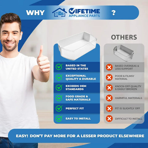 Comparison chart for Upgraded Lifetime Left Door Shelf Basket Bin Replacement highlighting unique features and benefits.