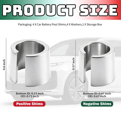4 Pack Battery Terminal Shims Kit For Cars And SUVs With Positive And Negative Post Washers Restores Tight Metal Contact Ends Draggy Starts And Loose Posts No Nonsense Upgrade For Smoother Electrical Performance, showing size and dimensions of positive and negative shims.
