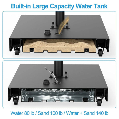 Heavy Duty Umbrella Base With Wheels Holds Up To 200 Lbs Built In Large Capacity Kettle showing sand and water fill options