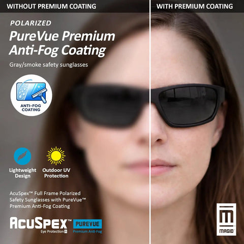 144 Pack Polarized Gray Antifog Safety Glasses Rock Solid Ansi Z87 Plus High Impact Built Different Design Workhorse Gear For Rough Job Sites Ultimate Glare Shielding comparison of lenses with and without premium coating