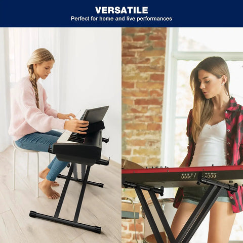 Double X Keyboard Stand For Digital Pianos And 54 To 88 Key Keyboards Portable Heavy Duty Adjustable Music Stand in use at home.