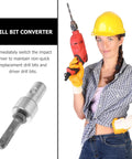Power Drill Adapter For Earth Augers And Garden Gear With Four Slot Shank, Heavy Duty Drill Bit Converter For Electric Drills displayed with woman holding a drill