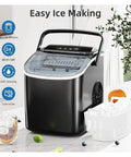 Hella Fast Portable Countertop Ice Maker Drops Fresh Cubes In Six Minutes With Sturdy Carry Handle on a kitchen counter.