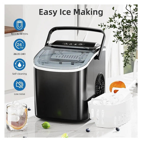 Hella Fast Portable Countertop Ice Maker Drops Fresh Cubes In Six Minutes With Sturdy Carry Handle on a kitchen counter.