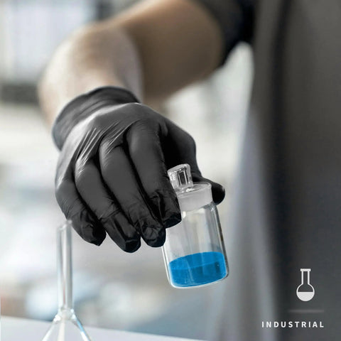 Heavy Duty Black Nitrile Gloves 4 Mil Large 100 Count Powder Free Latex Free Food Safe handling a container with blue substance.