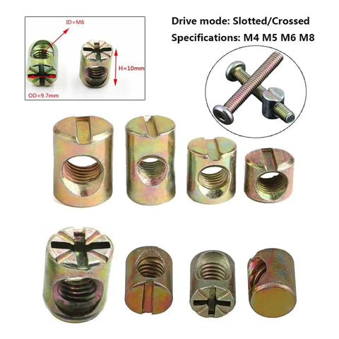 Furniture Barrel Nuts And Hammer Nuts Kit For DIY Woodworking, M4-M8 Screws, Zinc Alloy 8-18mm Embedded 2-In-1 Slotted Cross Connector
