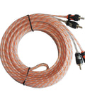 Coiled 2-Channel RCA Interconnect 17Ft OFC Twisted Pair Cable from 4 Gauge Car Audio Power Wiring Kit With 17Ft Orange Power Cable And 3Ft Black Ground Wire, 2-Channel RCA Interconnect 17Ft OFC Twisted Pair Cable, And 17Ft Blue 18 Gauge Remote Wire For Amp Install.