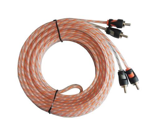 Coiled 2-Channel RCA Interconnect 17Ft OFC Twisted Pair Cable from 4 Gauge Car Audio Power Wiring Kit With 17Ft Orange Power Cable And 3Ft Black Ground Wire, 2-Channel RCA Interconnect 17Ft OFC Twisted Pair Cable, And 17Ft Blue 18 Gauge Remote Wire For Amp Install.