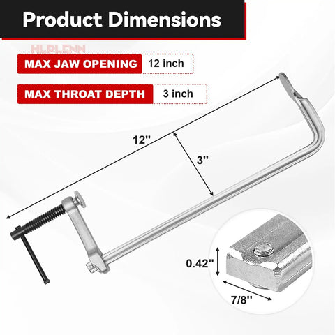 Beefy 12-Inch Heavy-Duty F-Clamps Set For Welding And Metalworking, 550 Lbs Load Capacity, shown with dimensions and steel construction.