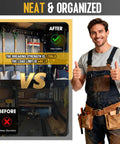 Man showing thumbs up next to before and after image of organized garage using Heavy Duty E Track Hooks Set For Enclosed Trailers And Vans, E Type And X Track Hangers, Steel Spring Fittings, Durable E Track Accessories For Tools, Cables, Ladders, And Gear, 4 Inch, 4 Pack.