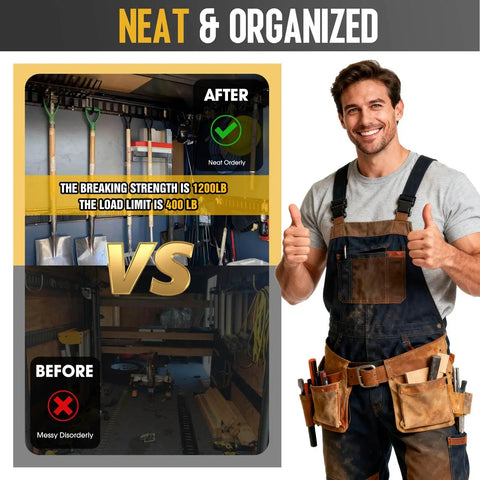 Man showing thumbs up next to before and after image of organized garage using Heavy Duty E Track Hooks Set For Enclosed Trailers And Vans, E Type And X Track Hangers, Steel Spring Fittings, Durable E Track Accessories For Tools, Cables, Ladders, And Gear, 4 Inch, 4 Pack.