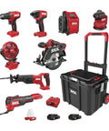 Built Tough No Sweat 20V Brushless Nine Piece Cordless Power Tool Combo Kit displayed with tools and rolling toolbox.