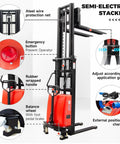 Fworkleft Semi Electric Pallet Stacker With 3300 Lb Capacity And Lithium Battery Powered Walkie Design Featuring 98 Inch Lift Height For Warehouse Tasks showing safety features, rubber handle, emergency button, and external charger.