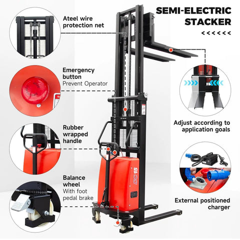 Fworkleft Semi Electric Pallet Stacker With 3300 Lb Capacity And Lithium Battery Powered Walkie Design Featuring 98 Inch Lift Height For Warehouse Tasks showing safety features, rubber handle, emergency button, and external charger.