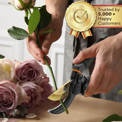 Heavy Duty Bypass Pruning Shears For Garden With Soft Cushion Grip Handle And SK5 High Carbon Steel Blades in use cutting a rose stem.