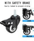 Four Piece Heavy Duty Polyurethane Swivel Casters With Solid Locking Brakes showing safety lock mechanism and smooth rolling 1.5 inch wheels.