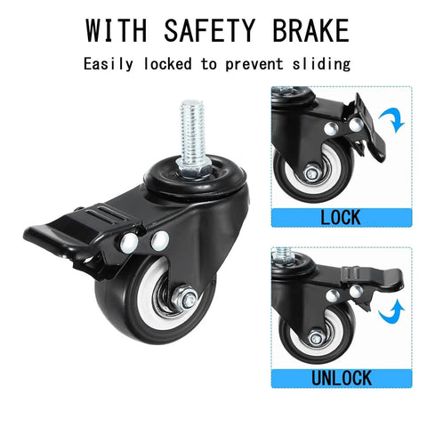 Four Piece Heavy Duty Polyurethane Swivel Casters With Solid Locking Brakes showing safety lock mechanism and smooth rolling 1.5 inch wheels.