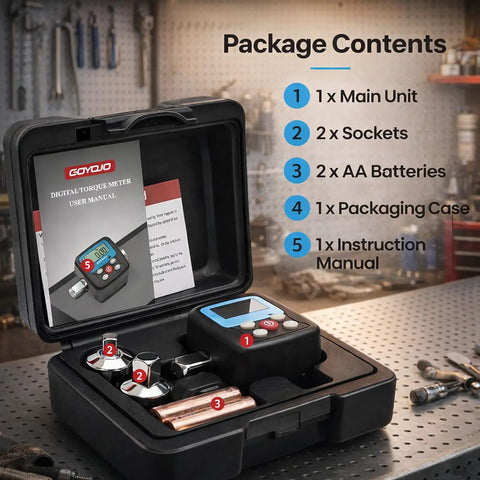 Digital Torque Wrench Adapter Kit With 4-135Nm Range And Electronic Display, open case showing adapters, batteries, manual