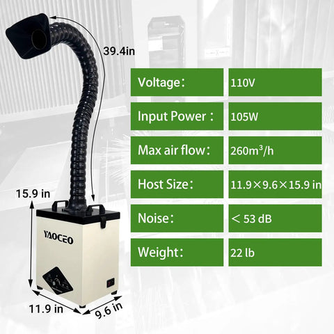 Dimensions and specifications of Beast Solder Fume Extractor For Soldering And Laser Work, 105W Motor Delivers 260m3/h Suction, Ultra Low Noise