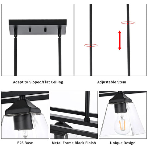 Farmhouse Chandelier Lighting Three Light Clear Glass Shade Pendant For Dining Room Foyer And Kitchen Island Rustic Black Industrial Pendant With Adjustable Height Metal E26 Base components