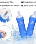 Blue soft flasks with leak-proof filter and collapsible design for Go-To 5L Hydration Vest for Running and Cycling with Dual 500ml Soft Flasks.