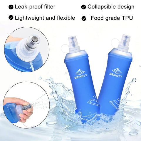 Blue soft flasks with leak-proof filter and collapsible design for Go-To 5L Hydration Vest for Running and Cycling with Dual 500ml Soft Flasks.