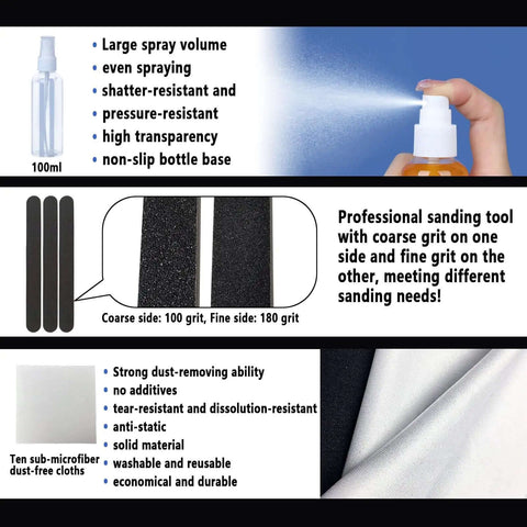 Spray bottle, sanding tool with coarse grit, and microfiber cloths description for 52 Pcs Resin 3D Printing Tool Kit with Steel Filter Funnel.