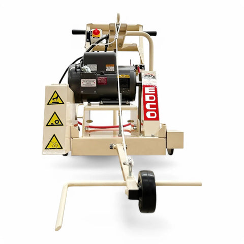 Rugged No Fuss 18 Inch Electric Walk Behind Saw Equipped With A Game Changing Five Horsepower Motor For Clean Down Cutting Up To Six And Three Quarters Inches front view showing the motor and handle